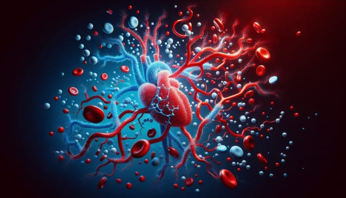 Illustration of nitric oxide molecules enhancing cardiovascular health in blood vessels, with red and blue colors.