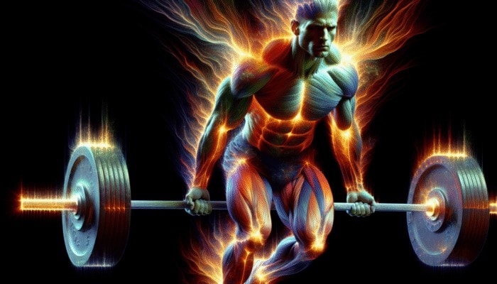 Supplements for Powerlifting Meets: Athlete lifting weights, energized by caffeine's focus-enhancing aura.