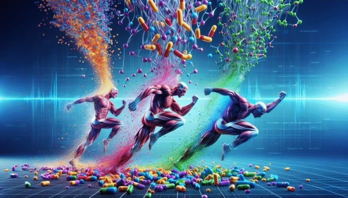 Role of BCAAs in Endurance Training: Illustration of leucine, isoleucine, and valine aiding muscle recovery and energy during athletic performance.