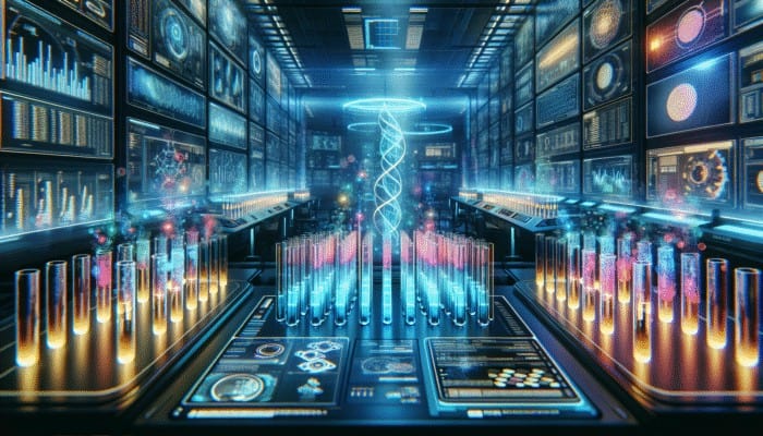 A futuristic lab with glowing test tubes and digital screens showing protein absorption data.