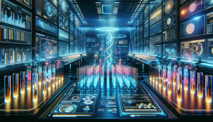 A futuristic lab with glowing test tubes and digital screens showing protein absorption data.
