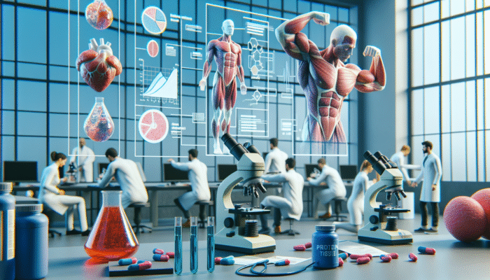 Researchers analyzing muscle tissue samples under microscopes, with charts and protein supplements nearby.