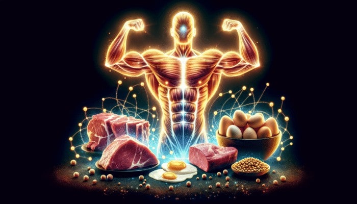 Are BCAAs Safe for Long-Term Use: Illustration of leucine, isoleucine, valine forming muscular structure, surrounded by meat, eggs, soybeans.