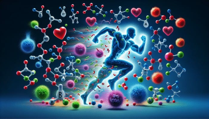 Colorful BCAAs molecules enhancing athlete's immune system, surrounded by health symbols.