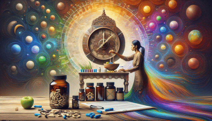 Timing Your First Supplement Dose: A person adjusting a clock beside supplements, with a background illustrating circadian rhythms and optimal intake times.