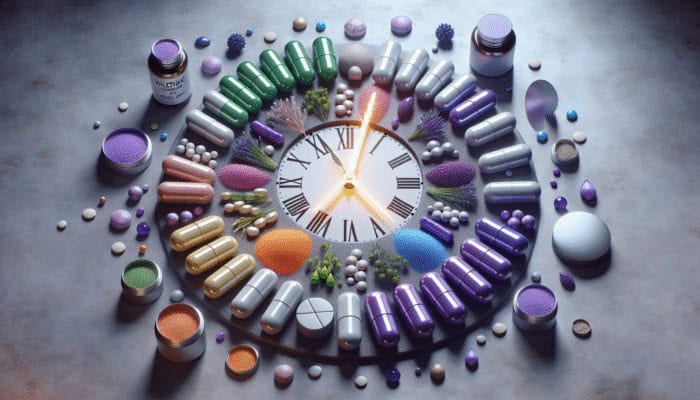 A clock with supplements: pre-workout capsules at 30-60 minutes before exercise, magnesium and valerian root at evening.