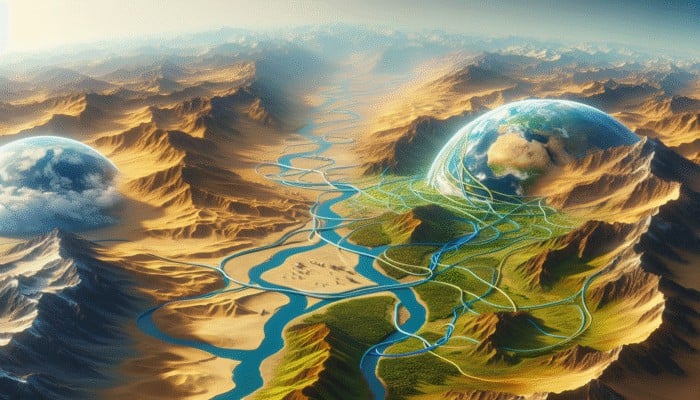 Science of Hydration Supplements: A vibrant scene of global landscapes connected by streams of water, symbolizing hydration's vital role in health.