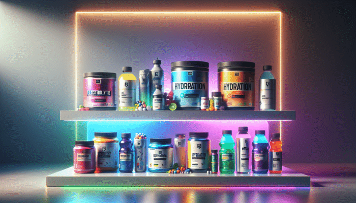 A colorful display of various hydration supplements on a modern shelf with backlighting.