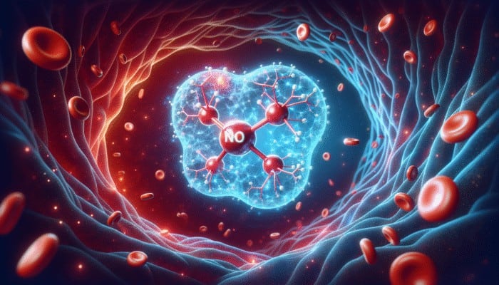Boosting Nitric Oxide Naturally: A vibrant model of nitric oxide (NO) molecule, surrounded by glowing endothelial cells, enhancing cardiovascular health.