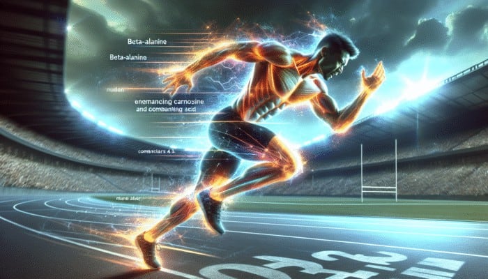 Beta-Alanine and Carnosine Levels: Athlete sprinting with glowing muscles, showcasing endurance and resilience on a competitive track.