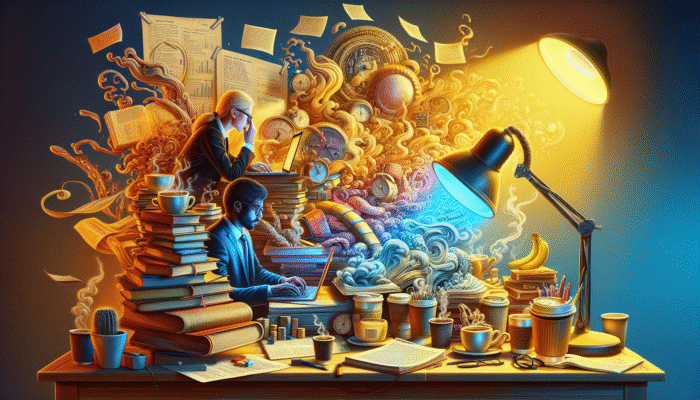 Caffeine Supplements for Energy Boosts: A student and professional, energized by caffeine, focused on work under a desk lamp with coffee cups.