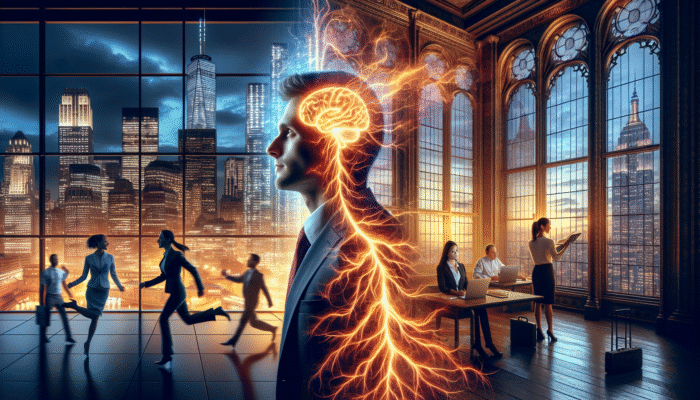 Person in New York office and London library, energized by caffeine, showing enhanced focus and quick task-switching, with neural pathways lighting up.