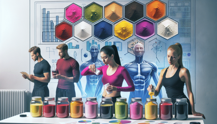 Colorful caffeine powders in jars, mixed into smoothies and shakes by diverse users in a modern kitchen.