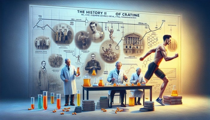 Latest Studies on Creatine Benefits: Timeline of creatine history from 1832 discovery to 1992 study, with athletic and scientific imagery.