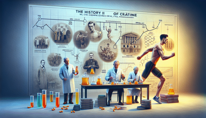Latest Studies on Creatine Benefits: Timeline of creatine history from 1832 discovery to 1992 study, with athletic and scientific imagery.