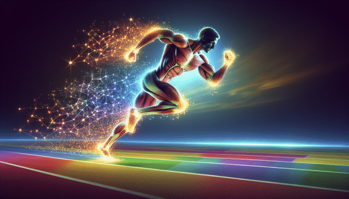 Athlete sprinting on track, muscles enhanced by glowing creatine particles under clear sky.