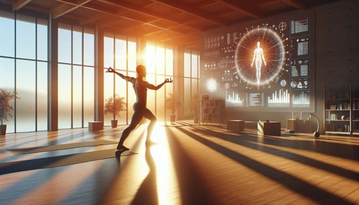 A yoga practitioner doing arm circles, leg swings, and torso twists in a sunlit studio for joint mobility.