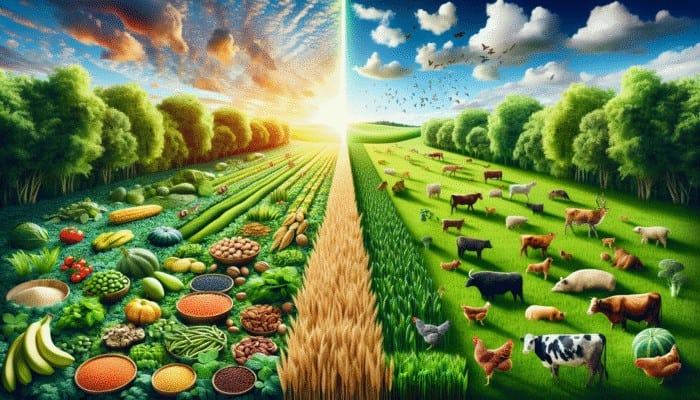 Infographic comparing environmental impact of plant-based vs animal-based proteins, showing reduced emissions from plant sources on sustainable farmland.