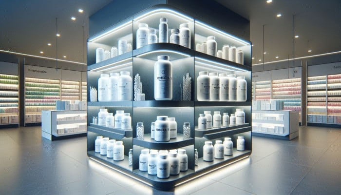 Bottles of omega-3 supplements on a shelf in a modern health store, labeled for purity, sustainability, and potency.