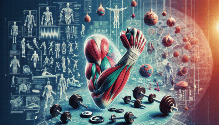 Supplements to Reduce Muscle Soreness: Anatomical illustration of muscle tears, inflammation, and swelling with exercise equipment and biomechanics diagrams.