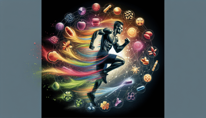 Essential nutrients from athletic multivitamins swirling around an athlete in motion.
