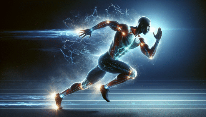 An athlete sprinting with muscles glowing from magnesium, surrounded by a dynamic aura of power and endurance.