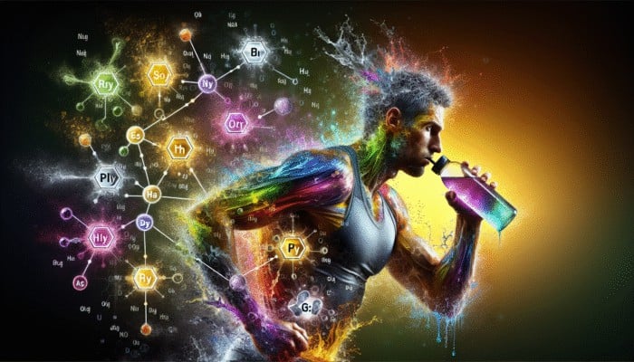 Electrolyte Innovations: Athlete using electrolyte drink for hydration, with sodium, potassium, calcium, magnesium symbols, enhancing performance.