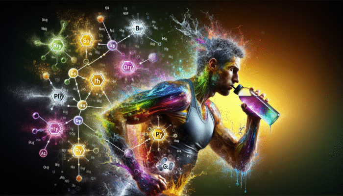 Electrolyte Innovations: Athlete using electrolyte drink for hydration, with sodium, potassium, calcium, magnesium symbols, enhancing performance.