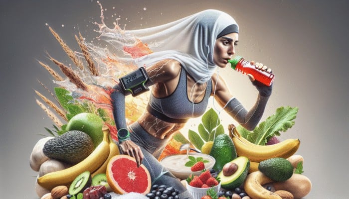 Athlete consuming electrolyte gel during marathon, surrounded by bananas, avocados, leafy greens.