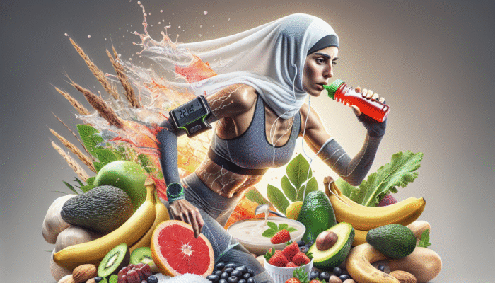 Athlete consuming electrolyte gel during marathon, surrounded by bananas, avocados, leafy greens.
