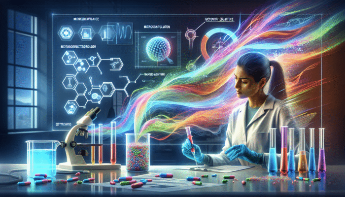 Scientist using microencapsulation to create vibrant, isotonic electrolyte drink in modern lab.
