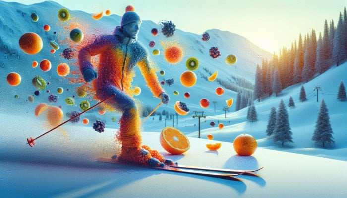 Supplements for Cold-Weather Sports: Athlete skiing in snowy landscape, surrounded by vitamin C-rich fruits like oranges and kiwis, boosting immunity.