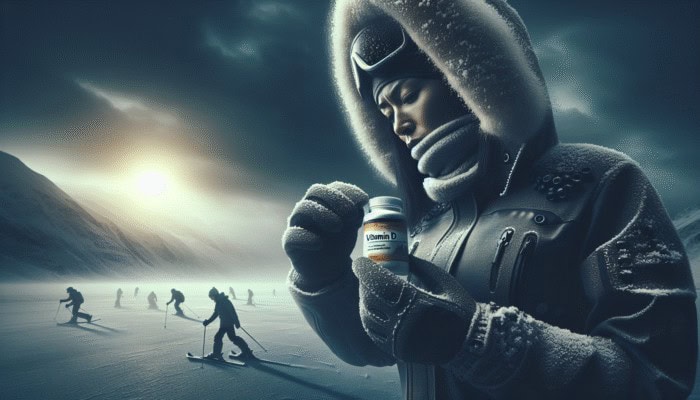 A cold-weather athlete taking a vitamin D supplement under a cloudy sky.