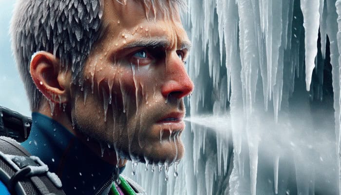 An athlete ice climbing, exhaling vapor, showing dehydration signs in cold weather.
