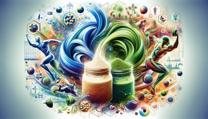 Supplements for Vegan Athletes: Collage of pea, hemp, and soy protein powders with symbols of muscle recovery and athletic training scenes.