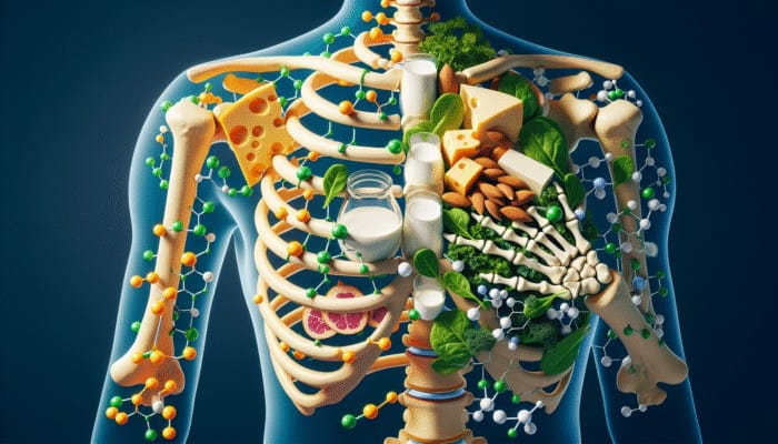 A collage showing dairy, plant milks, greens, almonds, and tahini forming strong bones with calcium and vitamin D.