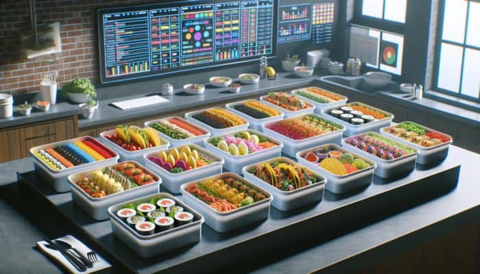 Protein in Meal Prep Culture: Colorful protein-rich meals in containers, featuring sushi, tacos, and curries on a kitchen counter.