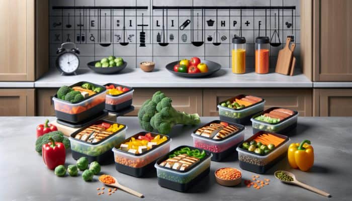 A variety of meal prep containers with protein-rich foods like chicken, tofu, lentils, and salmon.
