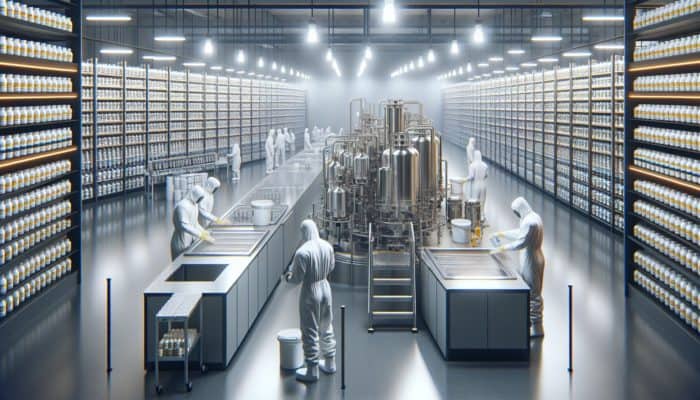 Workers in hazmat suits cleaning high-tech equipment in a modern supplement factory with neatly stored supplements.