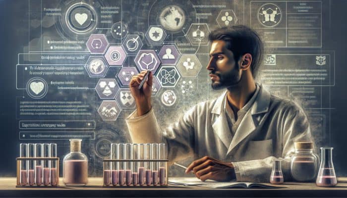 A scientist analyzing a supplement brand's history, values, and transparency with digital icons and online forums.