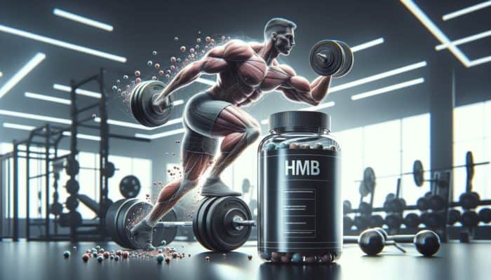 Best HMB Supplements Compared: A muscular bodybuilder lifting weights in a gym, with HMB supplement nearby, showing increased lean muscle and minimal fat.