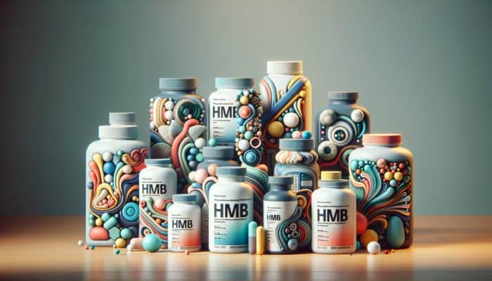 Bottles of various HMB supplements on a table, labeled with types like calcium HMB and free acid HMB.