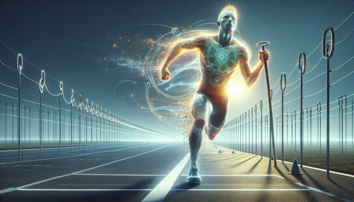 Marathon runner or cyclist crossing finish line with enhanced stamina from HMB Monohydrate.