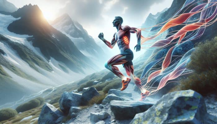 An ultrarunner on a rugged trail, muscles recovering and strengthening during the recovery process.