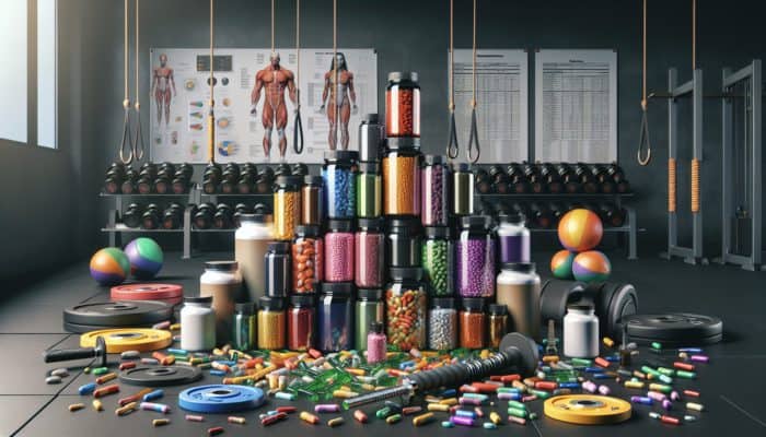 Supplements for First-Time Lifters: Colorful supplement bottles and capsules on a gym floor with weights and fitness equipment.