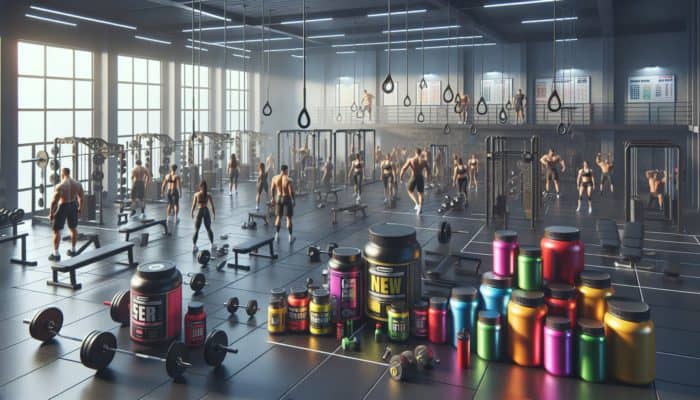New weightlifters in a modern gym with essential supplements like protein powders and energy drinks.