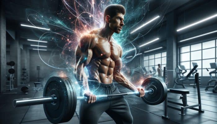 A muscular athlete lifting weights with a glowing energy aura, symbolizing creatine's performance boost.