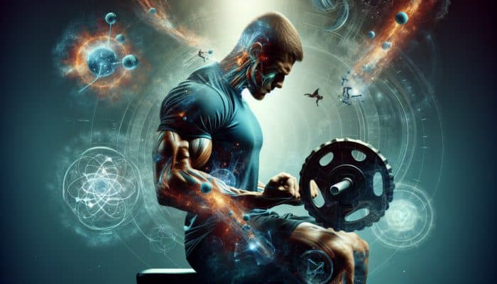 Top Creatine Supplements for Strength: Muscular athlete lifting weights in gym, surrounded by energy bursts symbolizing ATP increase from creatine.