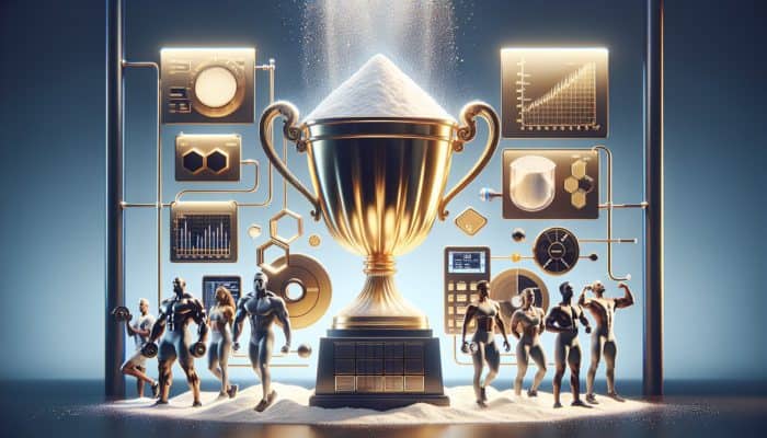 Gold trophy with creatine powder, testing equipment, and athletes, symbolizing Brand A's quality and trust.