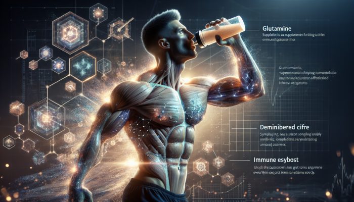 Research on Glutamine Recovery: An athlete drinking glutamine supplement, surrounded by recovery aura, with glowing muscles and a strong immune shield.